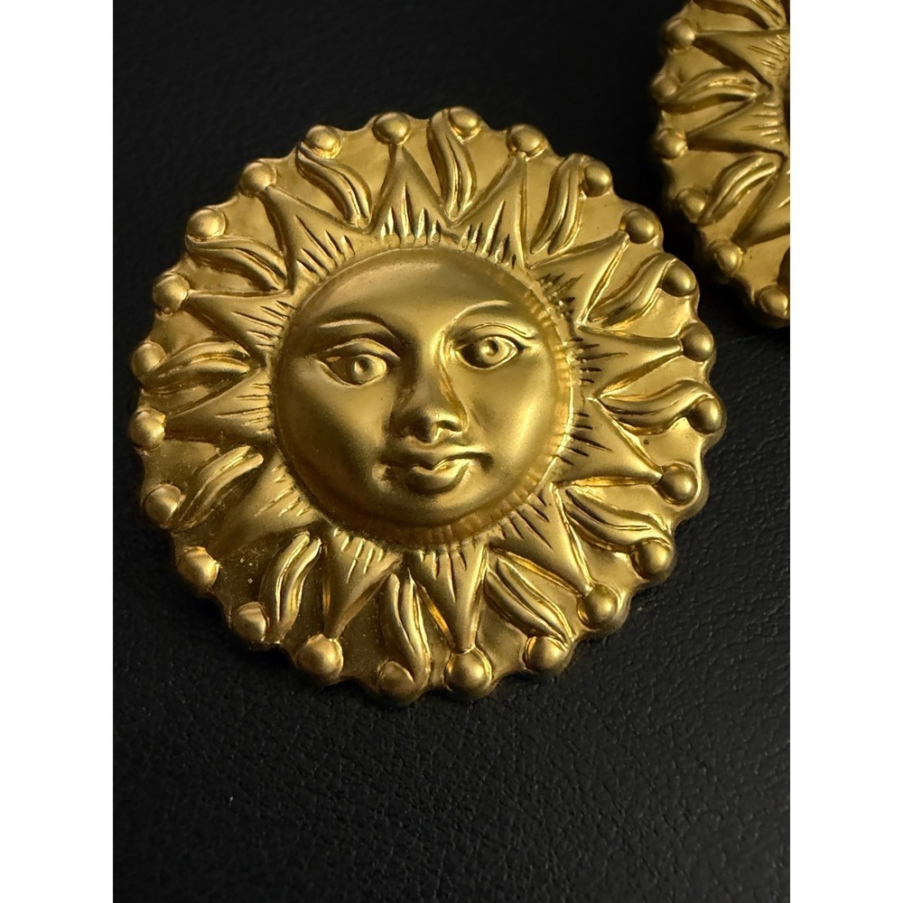 Sun Face Earrings Celestial Oversized Gold Tone Lightweight - Picture 2 of 7